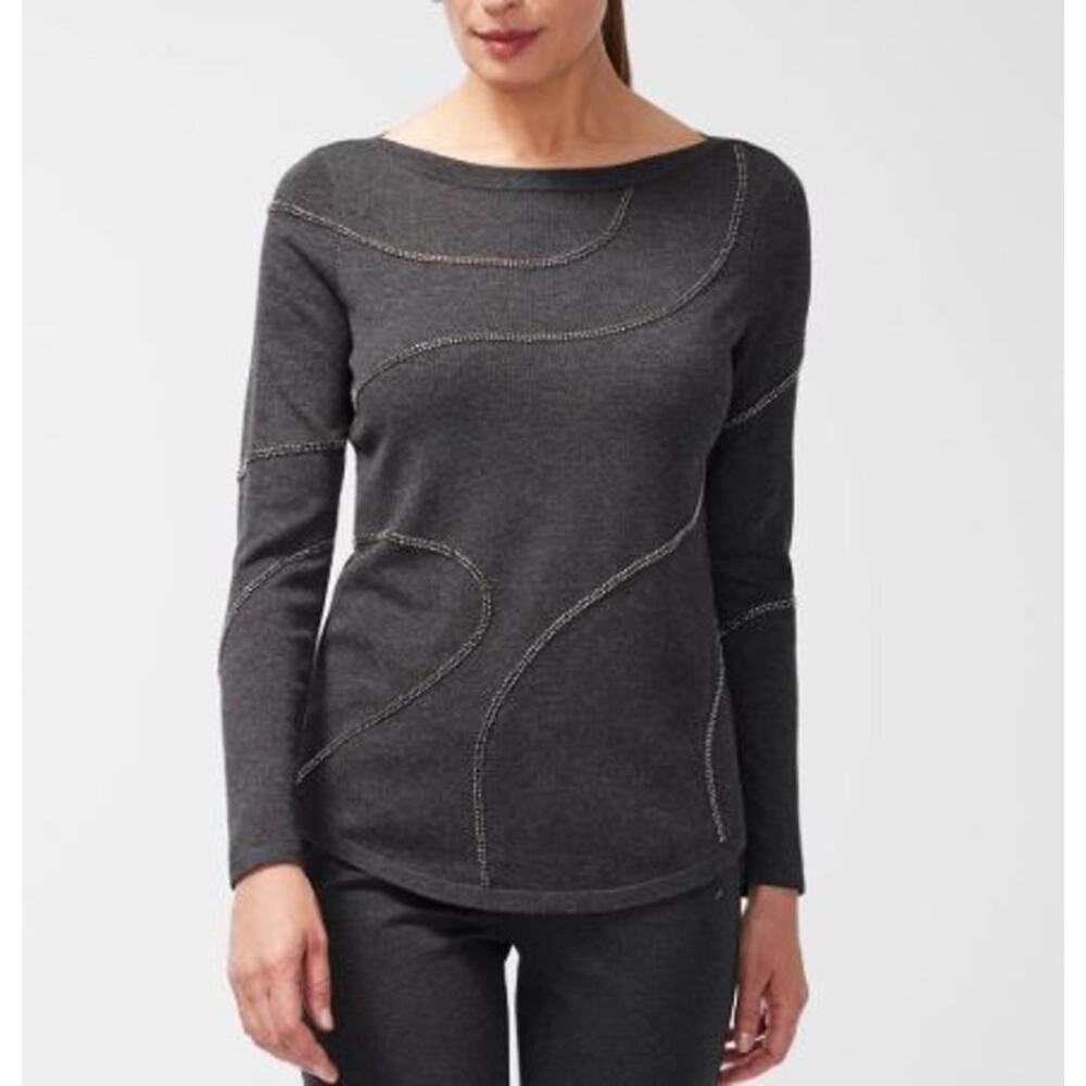 Chico's Ball Chain Pullover Sweater Gray Womens Size 3 US XL Beaded Bateau Neck
